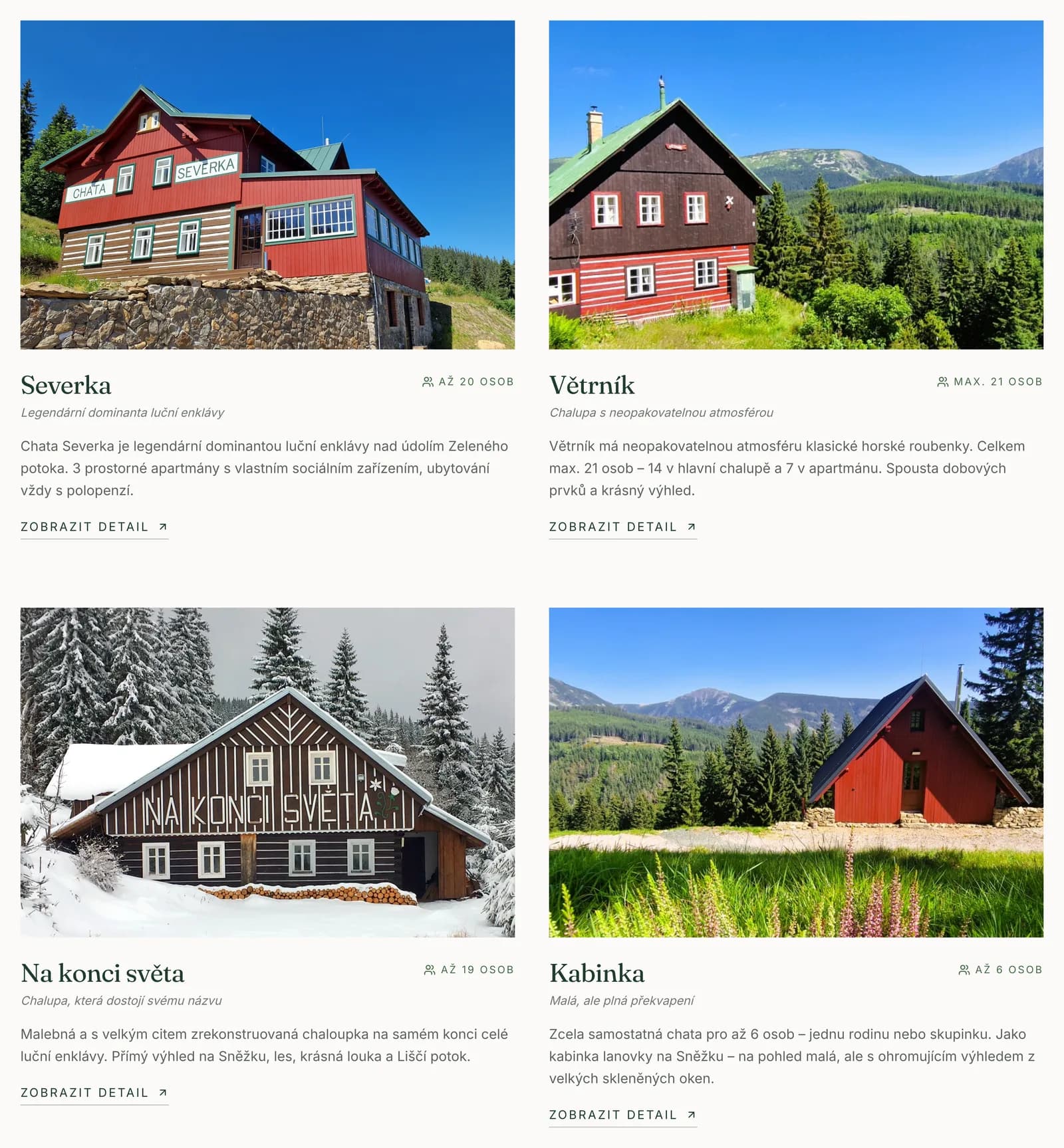 The Accommodation page in the redesign: four cottage cards, each with a photograph, a capacity and a short description