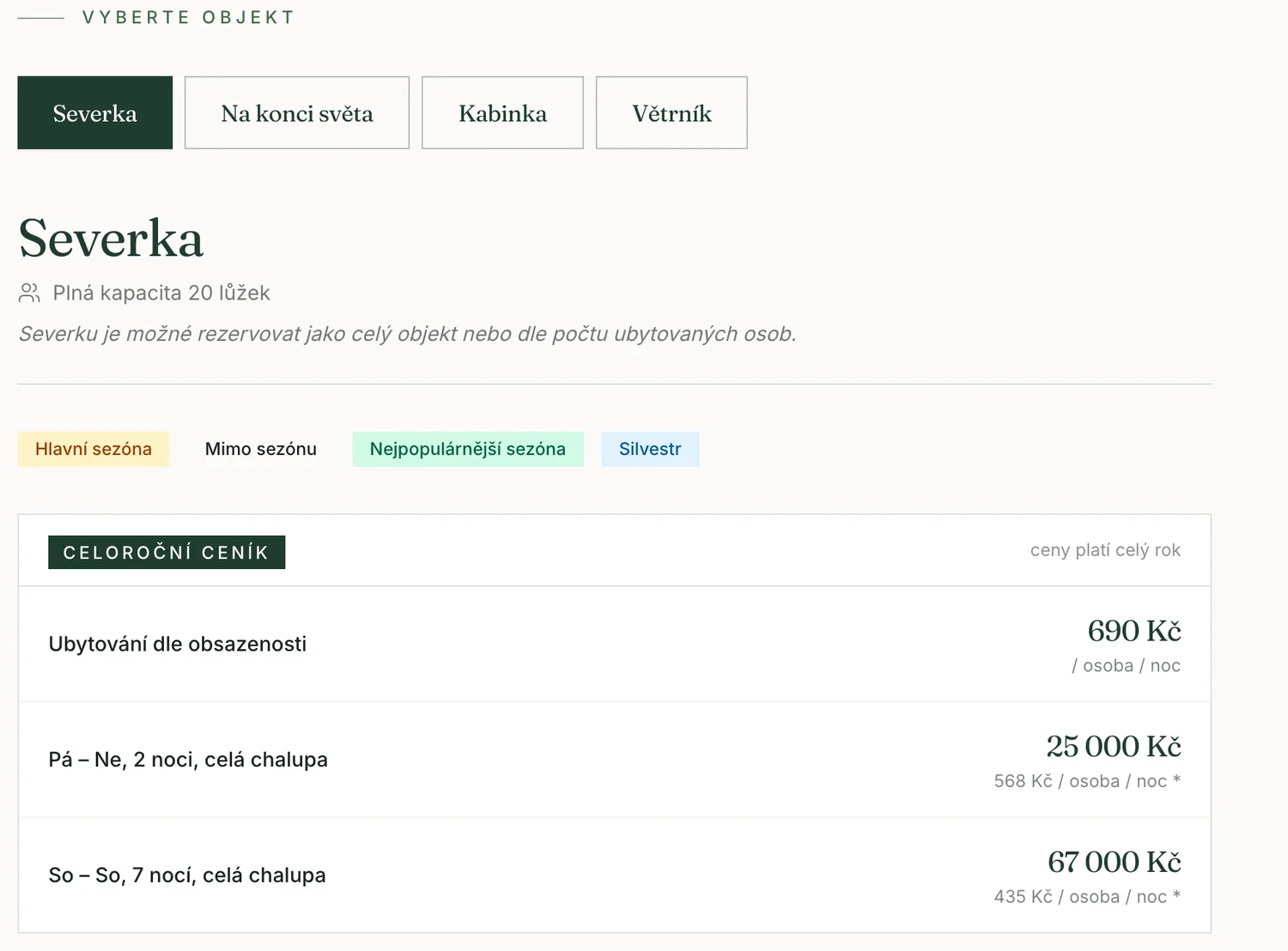 Ceník v redesignu: přepínač objektu, štítky sezón a tabulka cen, ve které je cena text