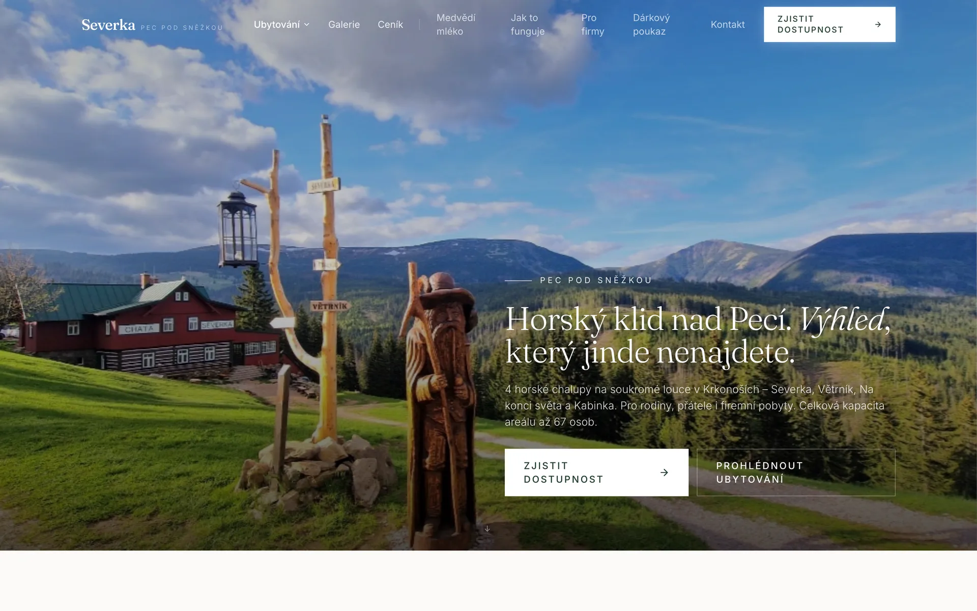 The redesign's first screen: a full-bleed photograph of the meadow, the eyebrow Pec pod Sněžkou, the heading on the right and a Check availability button