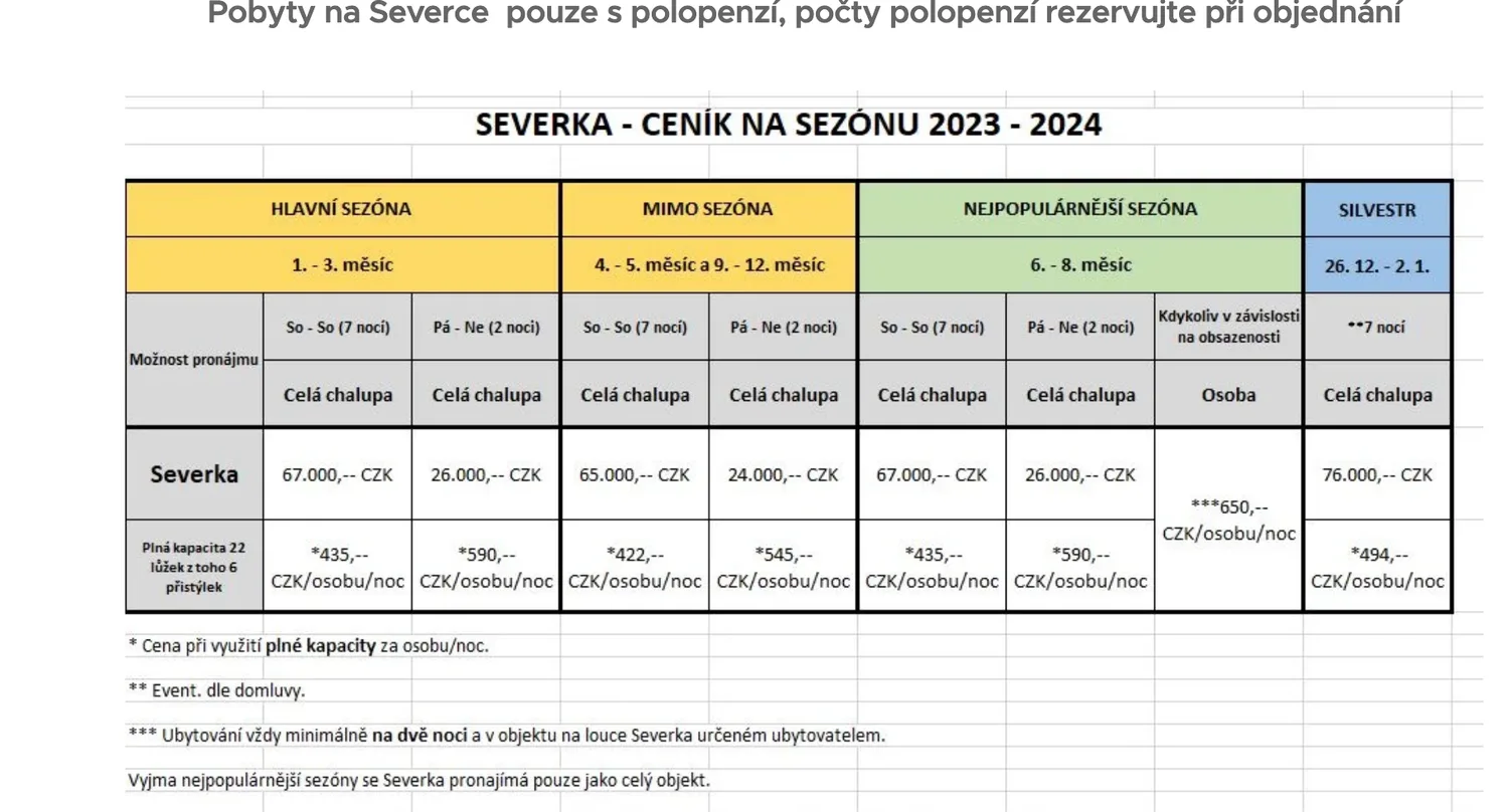 Původní ceník: sešit z Excelu vyfocený do obrázku, včetně viditelné mřížky buněk a sezóny 2023–2024