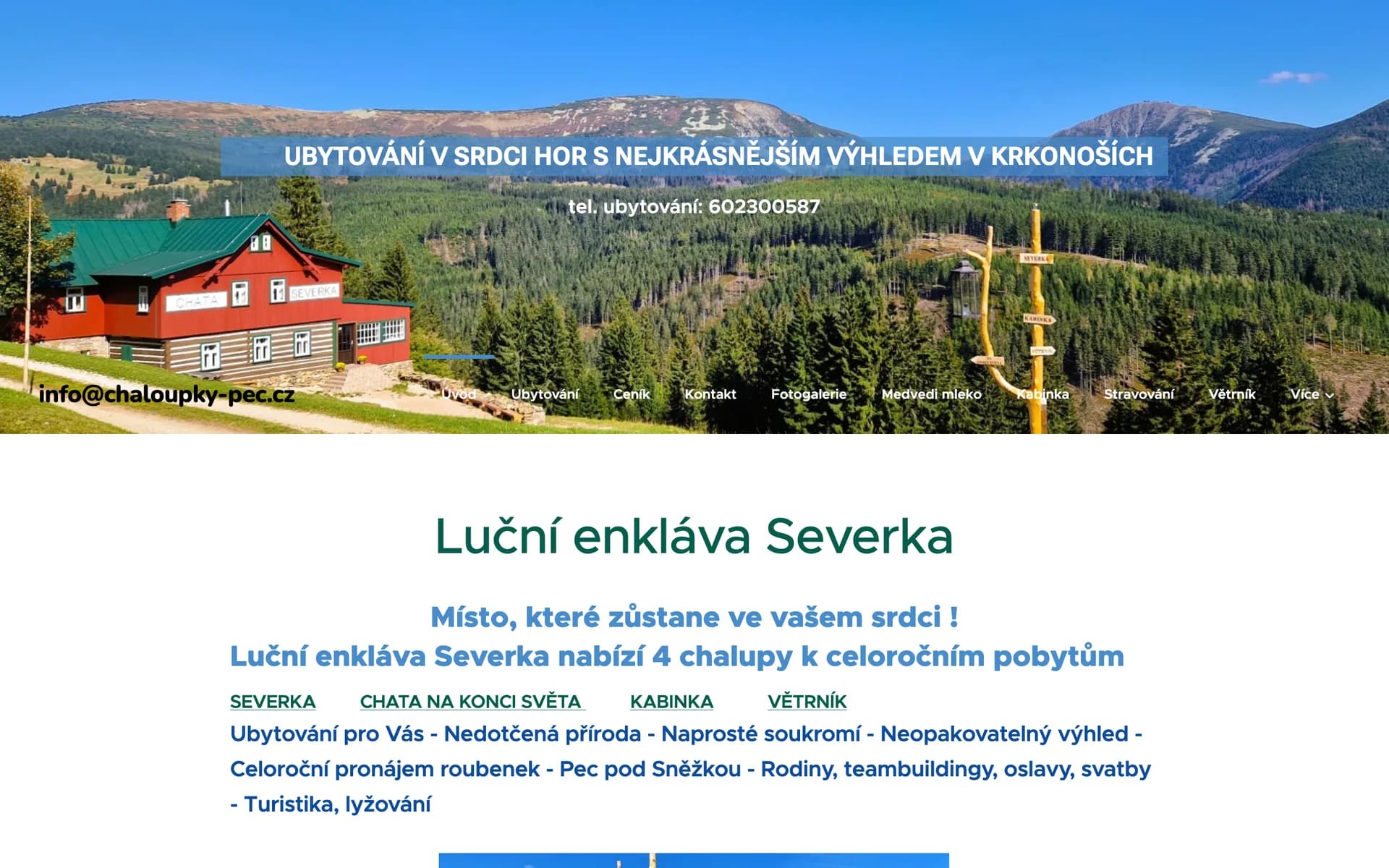 Úvodní obrazovka původního webu: fotografie s modrým pruhem přes nadpis, navigace dole a text na bílém podkladu
