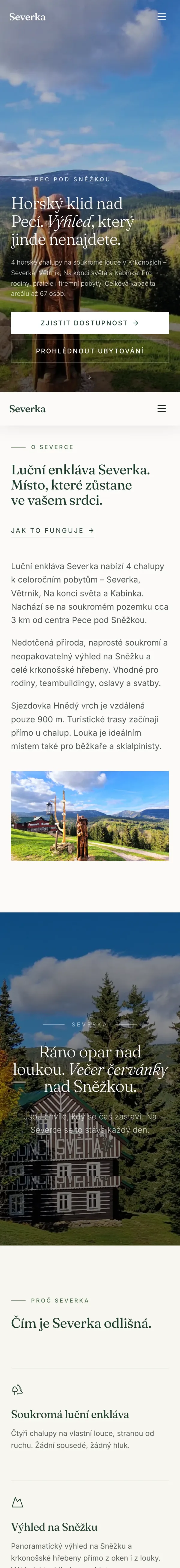 Homepage redesignu Severky na telefonu, první čtyři obrazovky pod sebou