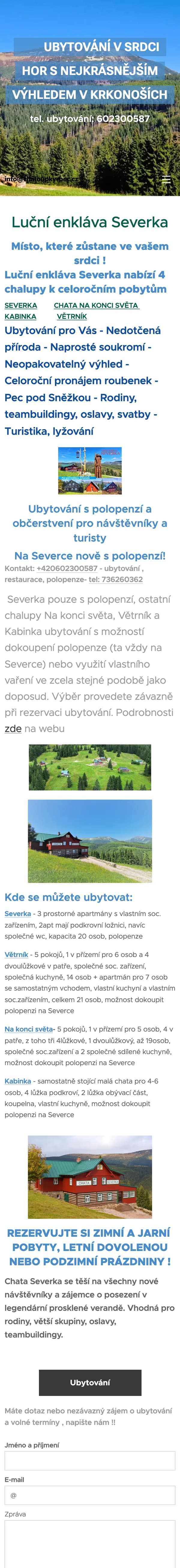 Původní homepage Severky na telefonu, první čtyři obrazovky pod sebou
