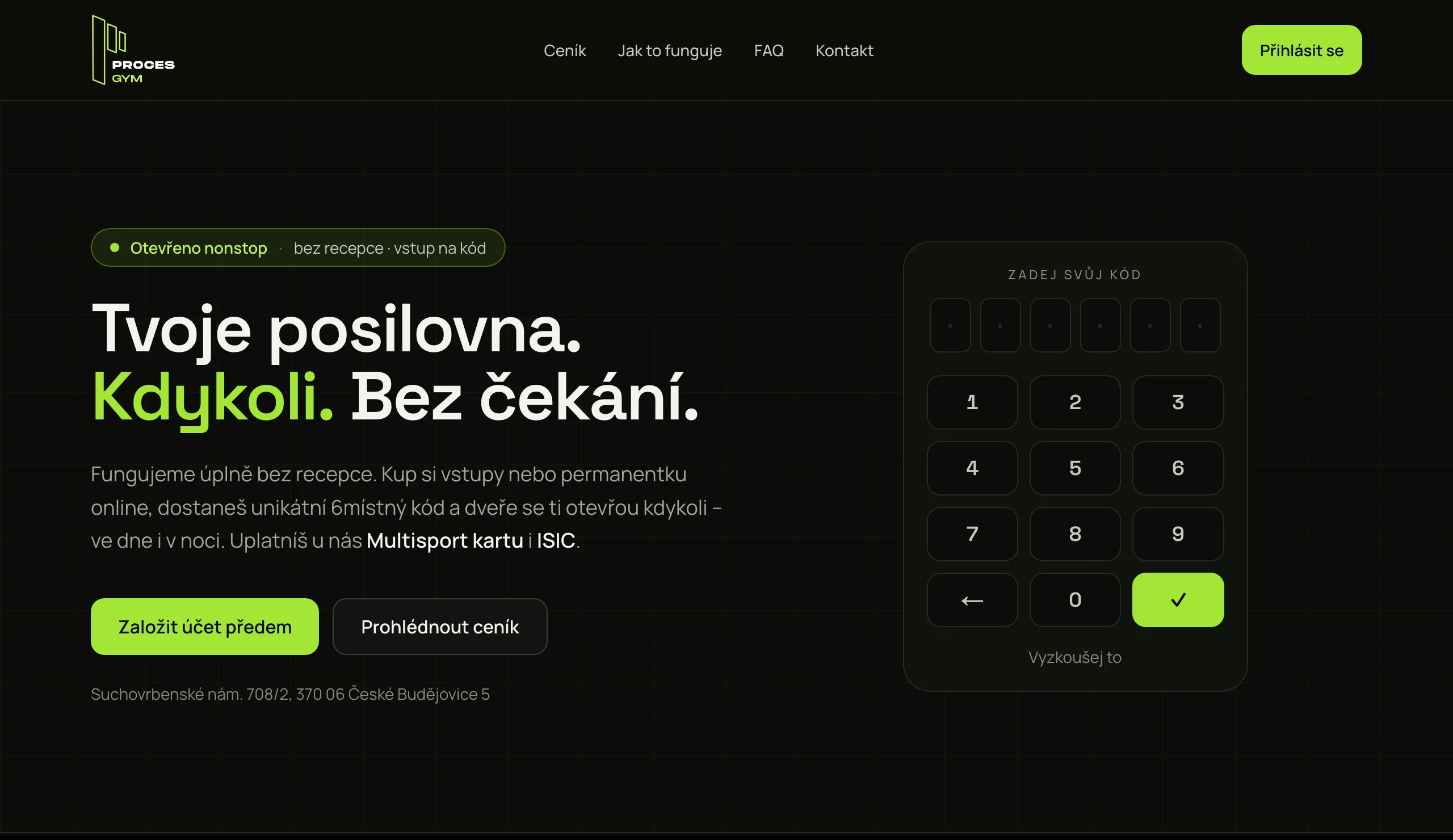 Proces Gym hero screen with the door code keypad